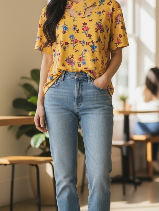 C Est. 1946 Tops - C EST 1946 Women's Yellow Floral Short-Sleeve Blouse